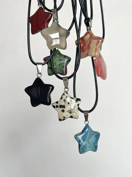 Trendy Natural Stone Hexagon & Star Pendant Necklace – Rose Quartz, Opal, Fluorite, Lapis & More